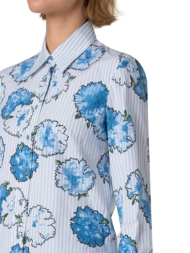 Striped Carnation Print Long-Sleeve Blouse