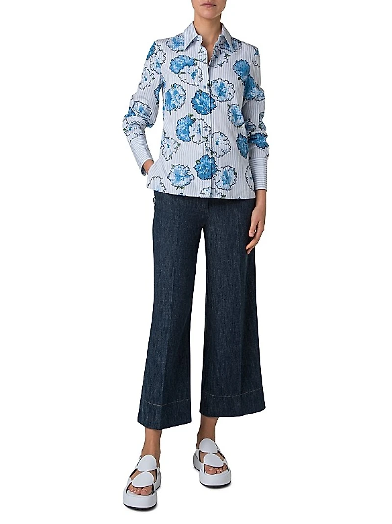 Striped Carnation Print Long-Sleeve Blouse