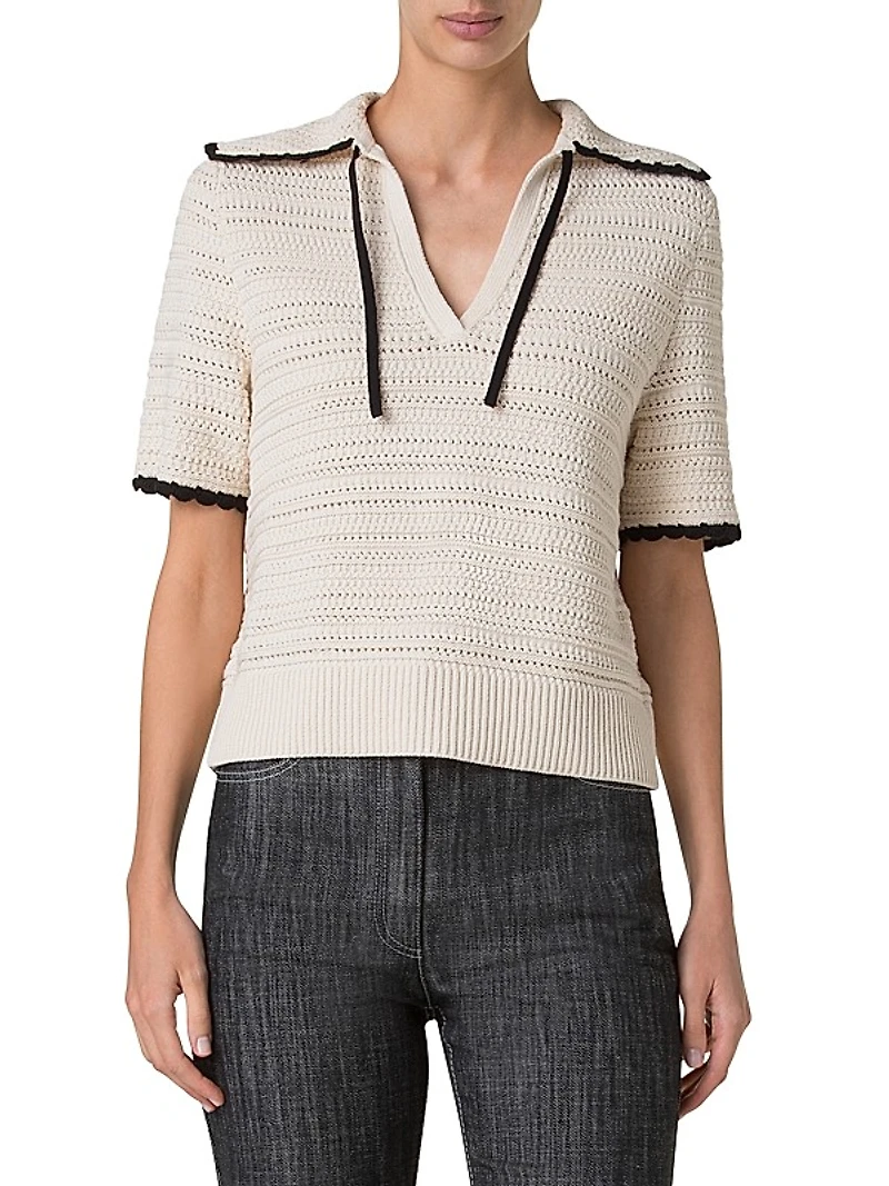 Scallop Trim Crochet-Knit Cotton Top