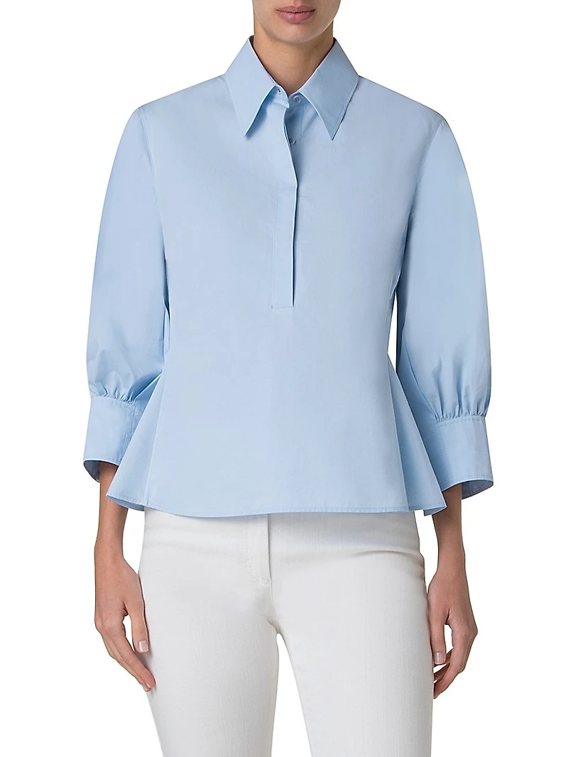 Cotton Poplin Puff-Sleeve Flare Blouse