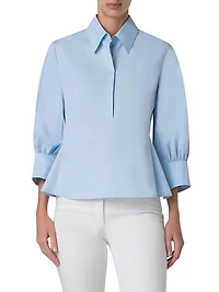 Cotton Poplin Puff-Sleeve Flare Blouse