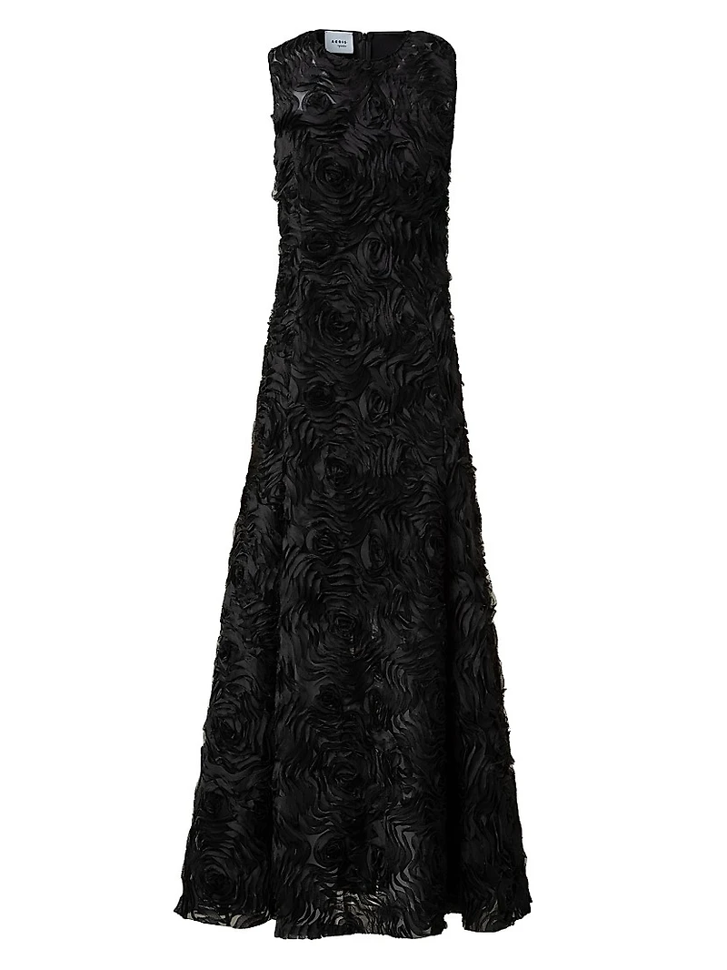 3D Floral Mixed Media A-Line Midi-Dress
