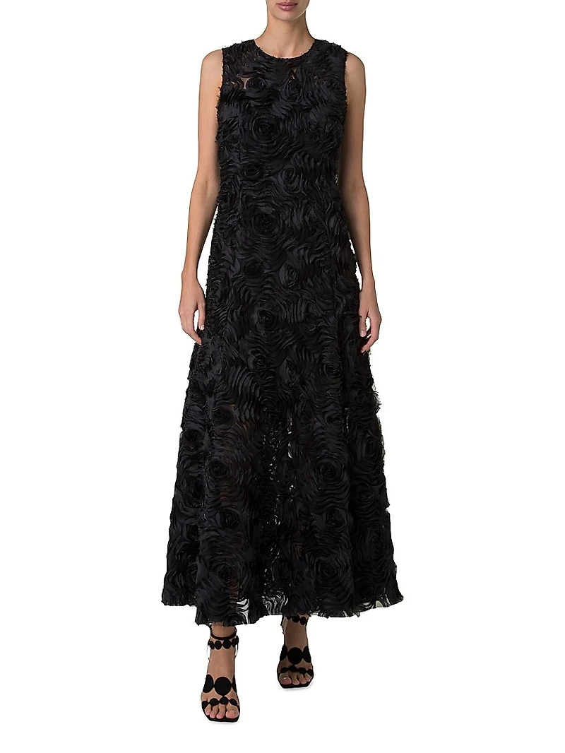 3D Floral Mixed Media A-Line Midi-Dress