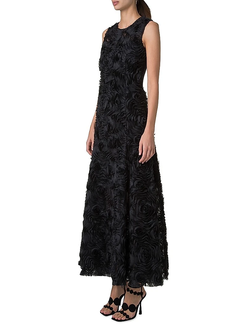 3D Floral Mixed Media A-Line Midi-Dress