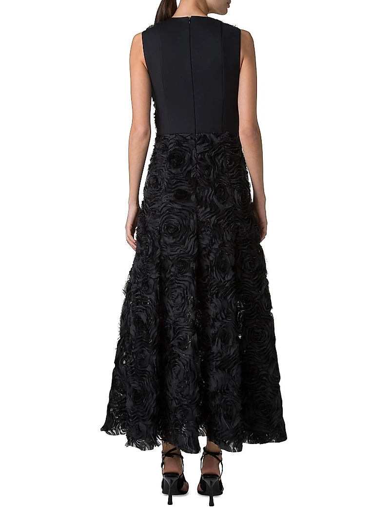 3D Floral Mixed Media A-Line Midi-Dress