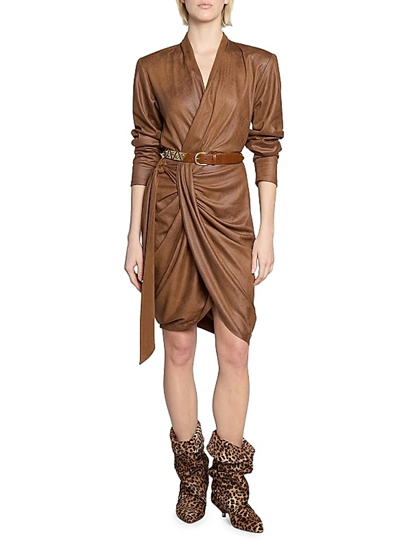 Aleora Draped Faux Leather Wrap Dress
