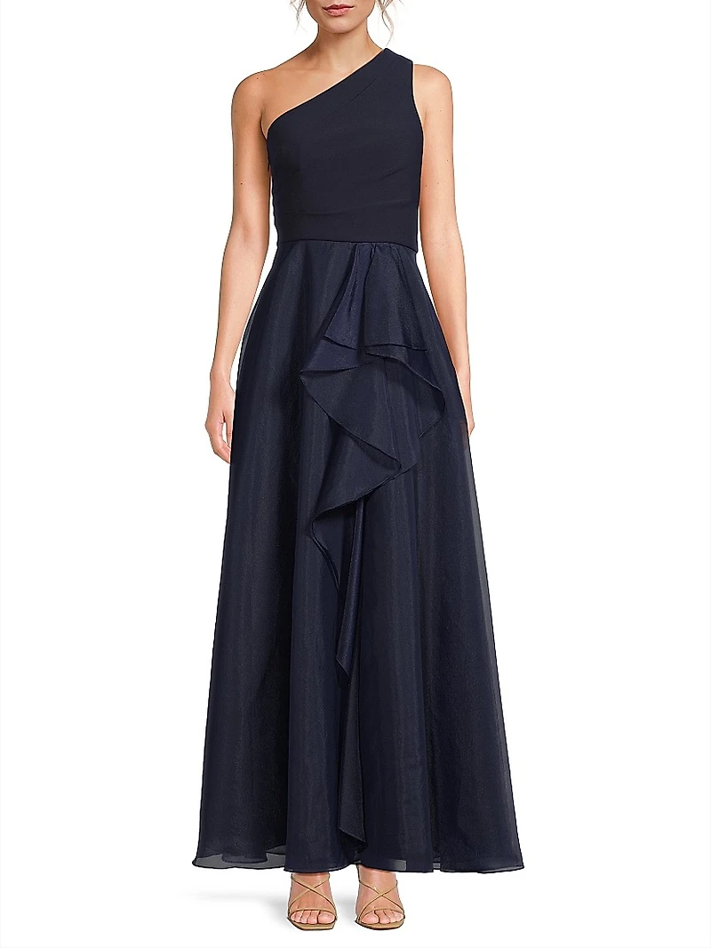 Organza Ruffled One-Shoulder Gown