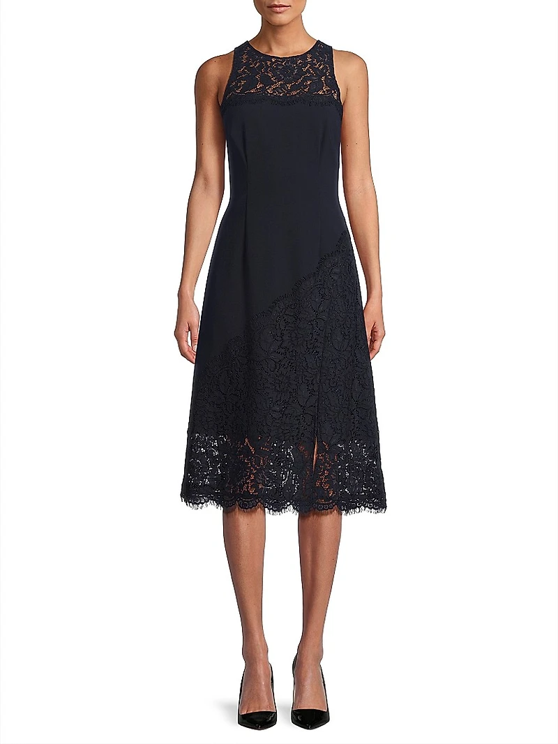 Lace-Trimmed Crepe Midi-Dress
