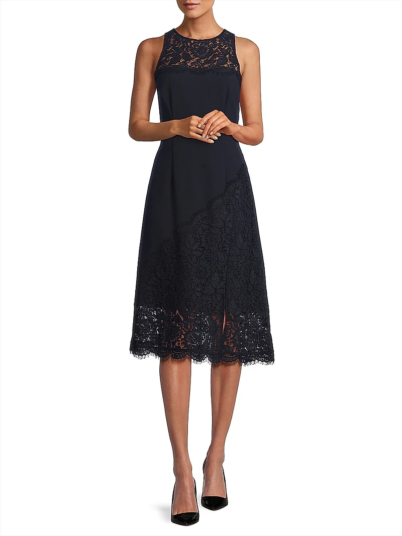 Lace-Trimmed Crepe Midi-Dress