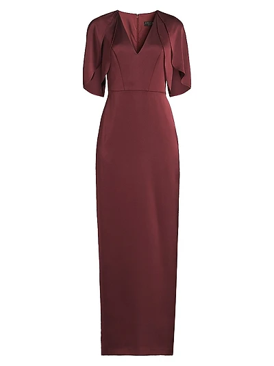 Crepe-Back Satin Cape-Sleeve Column Gown