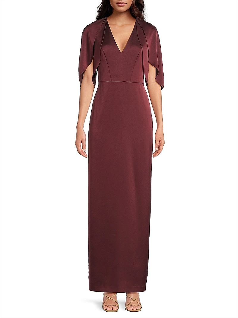 Crepe-Back Satin Cape-Sleeve Column Gown