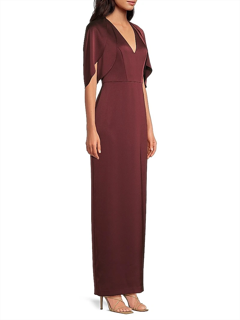 Crepe-Back Satin Cape-Sleeve Column Gown