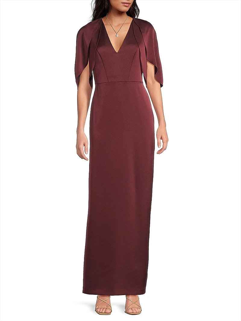 Crepe-Back Satin Cape-Sleeve Column Gown