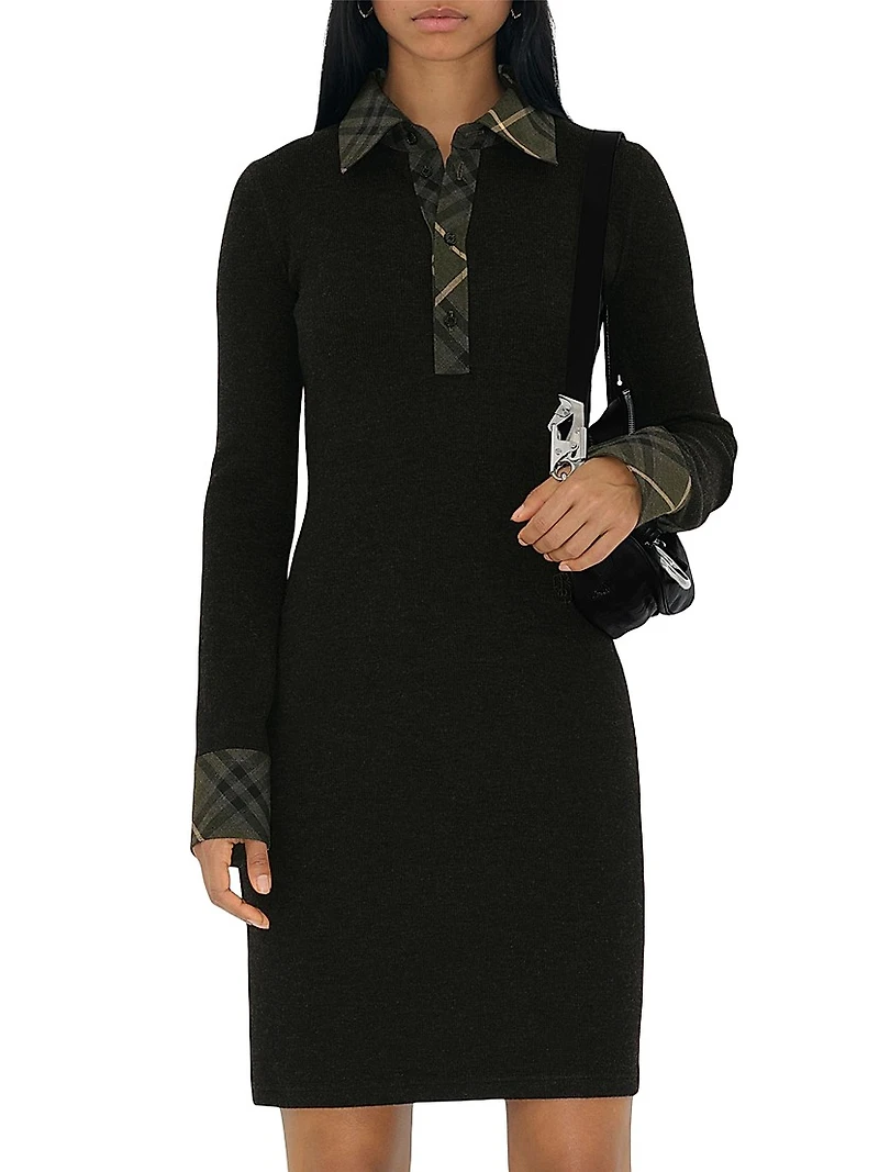 Check-Trimmed Wool-Blend Shirtdress