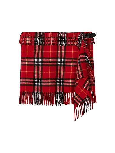 Fringed Check Wool-Cashmere Wrap Miniskirt