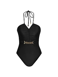 Solids Leila Ruched Halterneck One-Piece Swimsuit