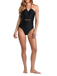 Solids Leila Ruched Halterneck One-Piece Swimsuit