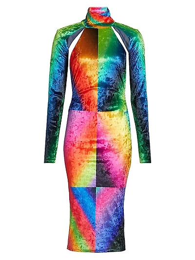 Spectral Gradient Velvet Cutout Midi-Dress