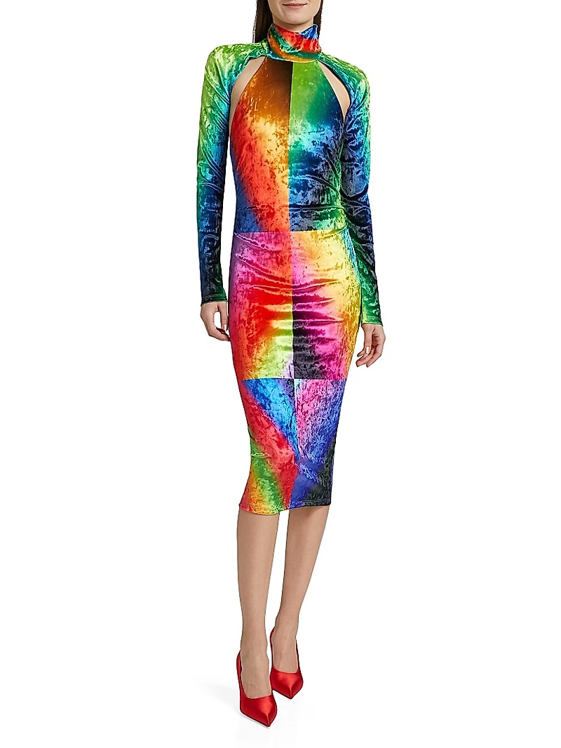 Spectral Gradient Velvet Cutout Midi-Dress