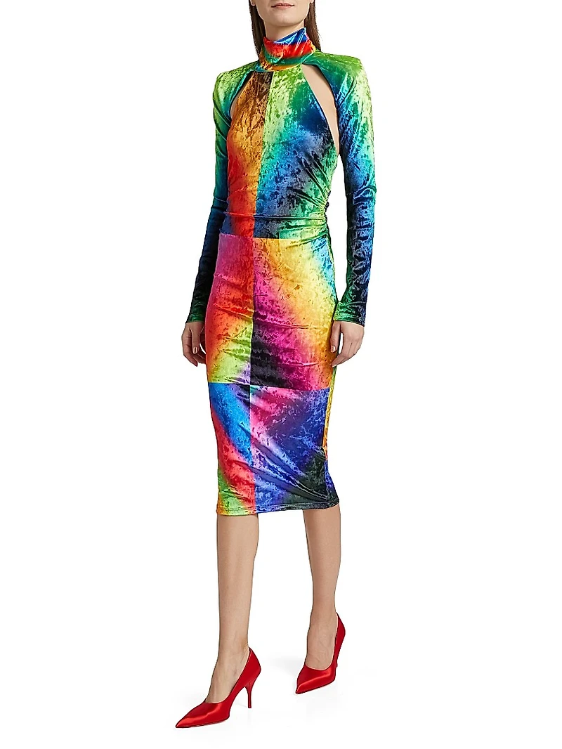 Spectral Gradient Velvet Cutout Midi-Dress