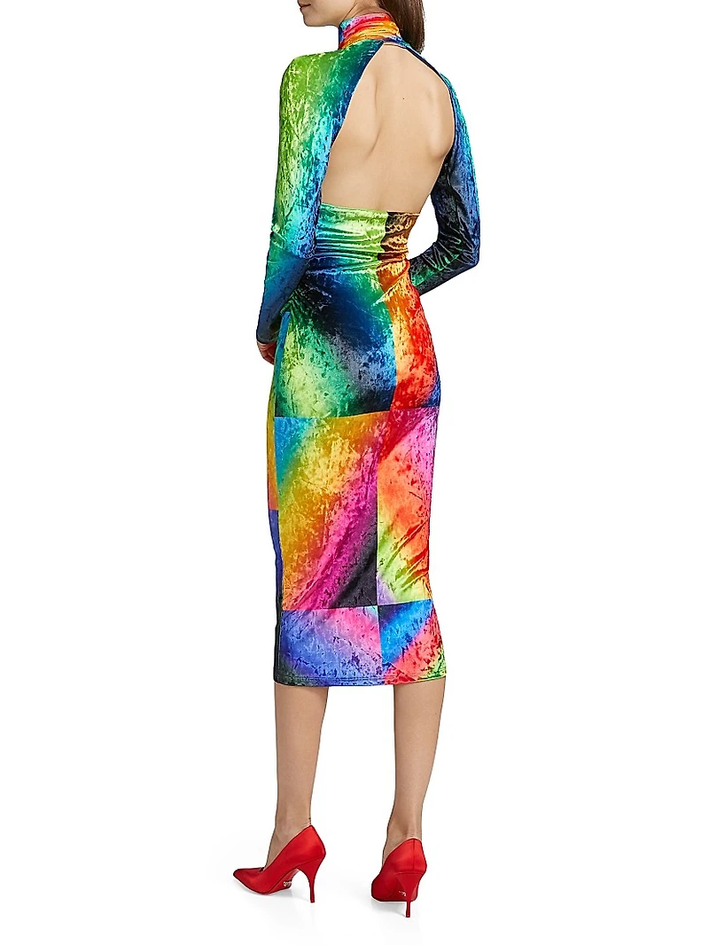 Spectral Gradient Velvet Cutout Midi-Dress