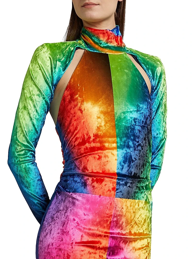 Spectral Gradient Velvet Cutout Midi-Dress