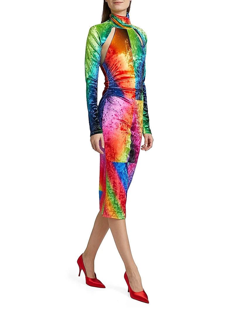Spectral Gradient Velvet Cutout Midi-Dress