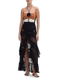 Pine Ruffled Lace High-Low Maxi Skirt