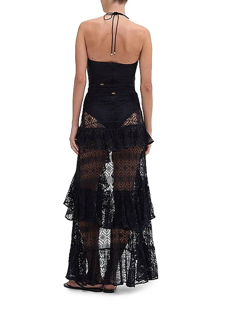Pine Ruffled Lace High-Low Maxi Skirt