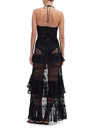 Pine Ruffled Lace High-Low Maxi Skirt
