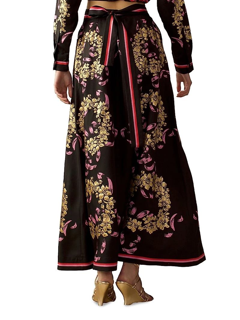 Floral Button-Front Silk Maxi Skirt