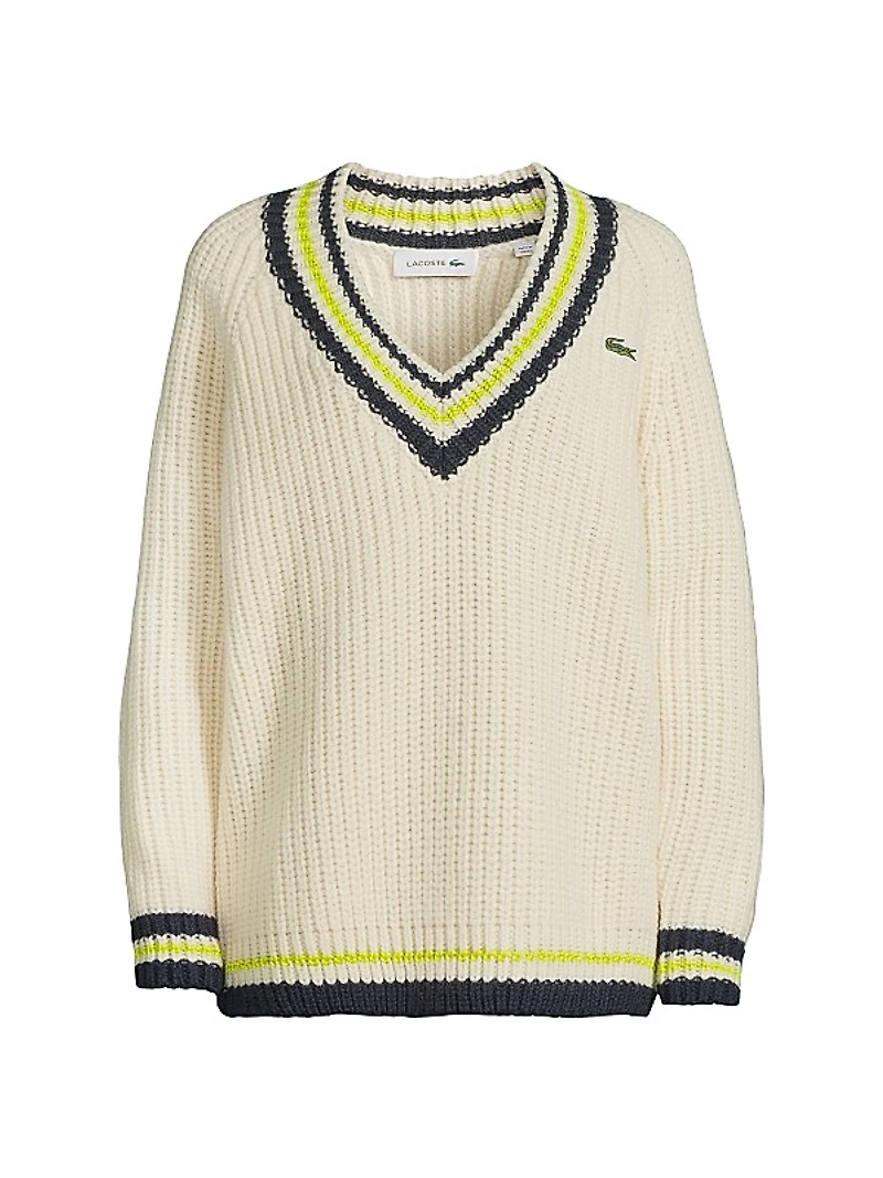 Stripe-Trim Wool V-Neck Sweater