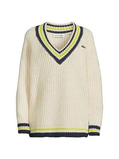 Stripe-Trim Wool V-Neck Sweater