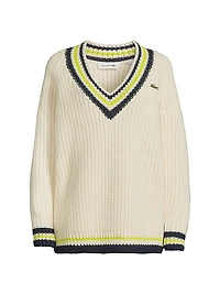 Stripe-Trim Wool V-Neck Sweater