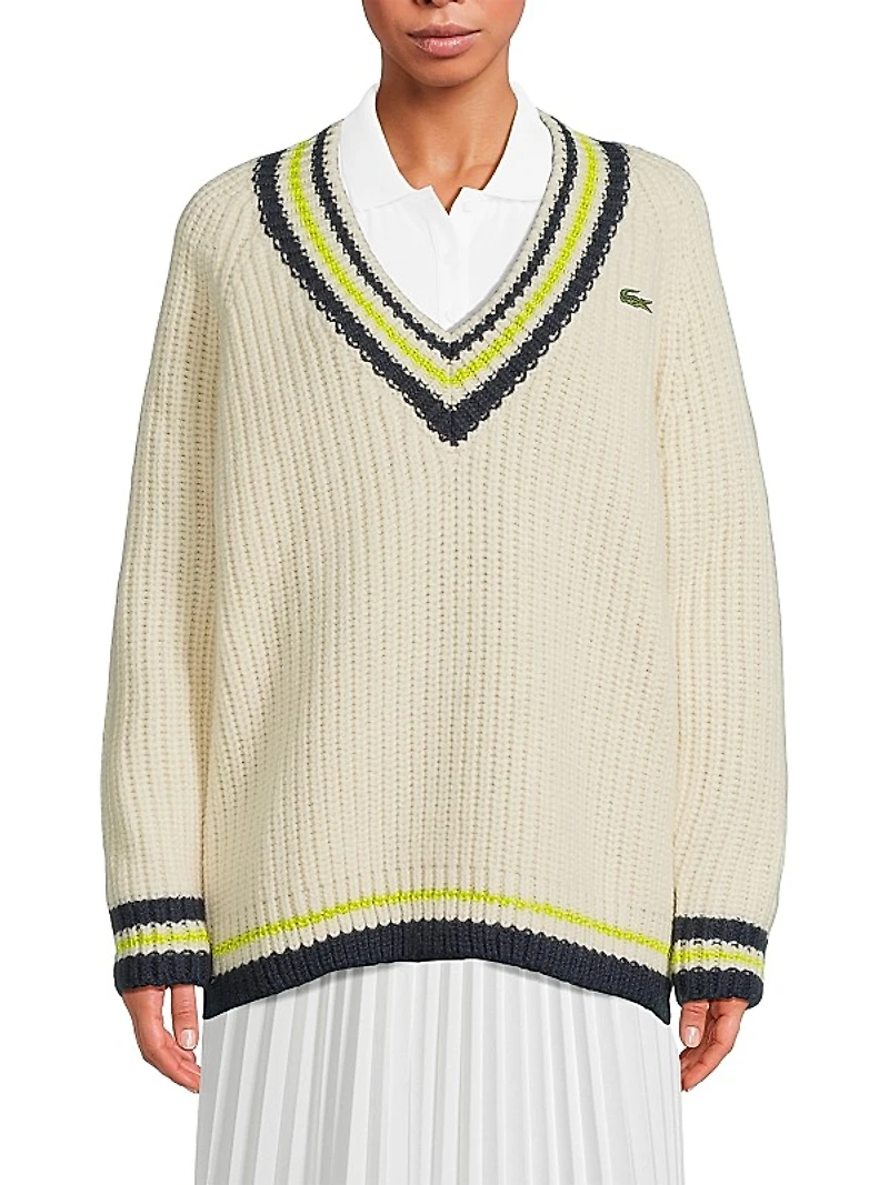 Stripe-Trim Wool V-Neck Sweater