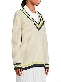 Stripe-Trim Wool V-Neck Sweater