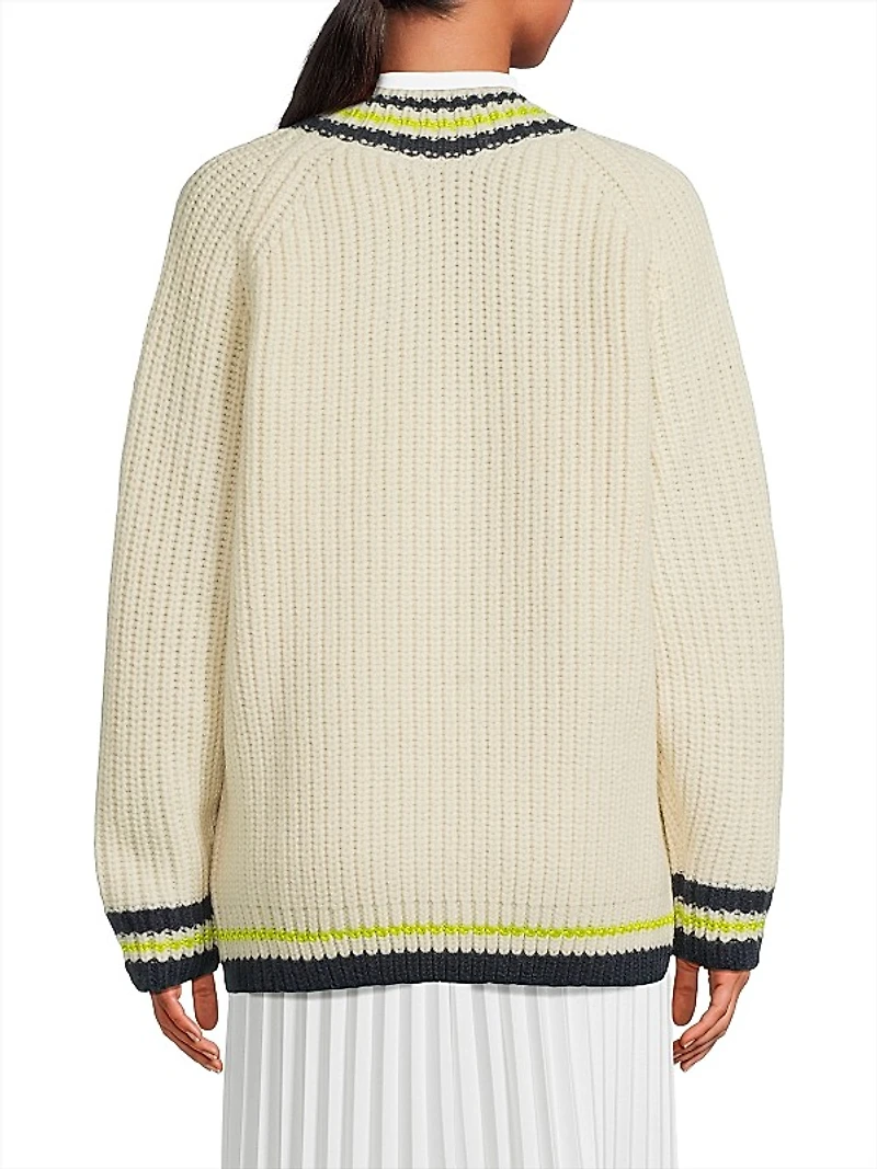 Stripe-Trim Wool V-Neck Sweater