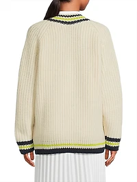 Stripe-Trim Wool V-Neck Sweater