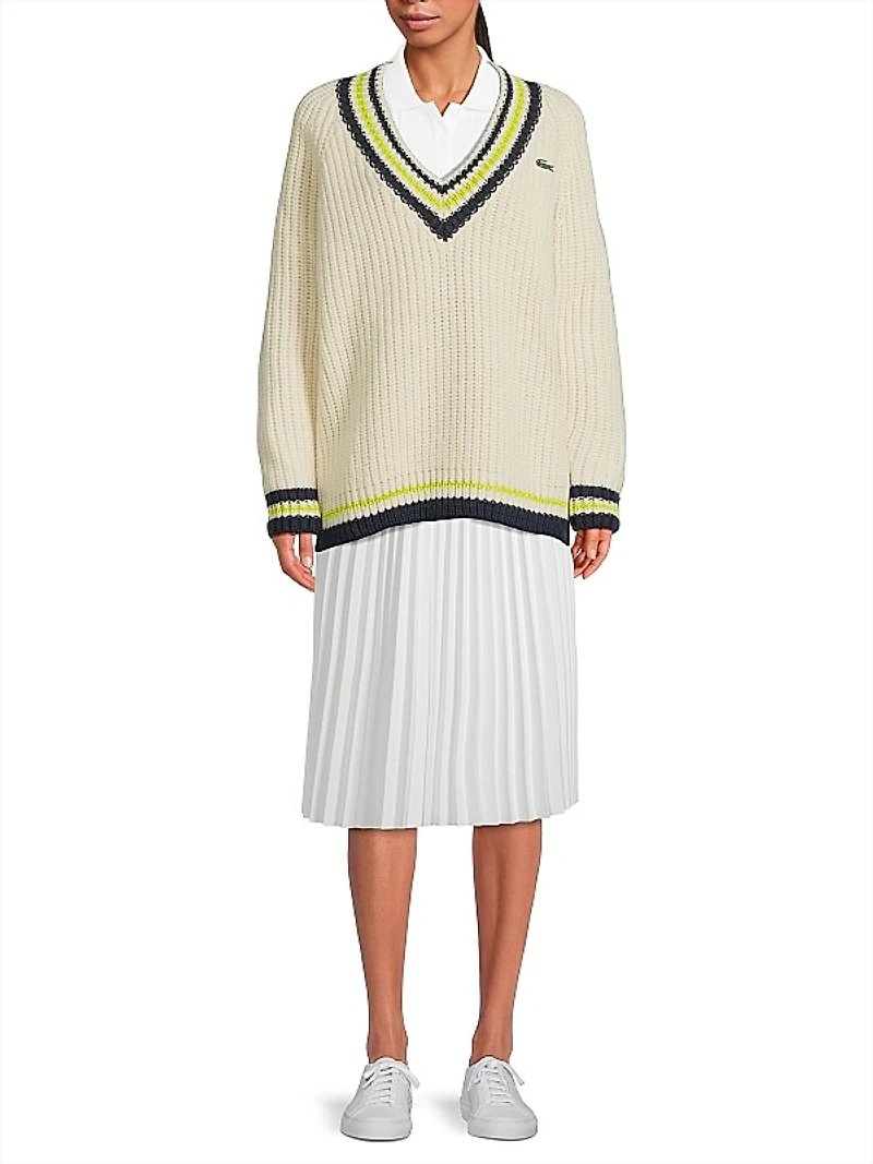 Stripe-Trim Wool V-Neck Sweater