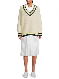 Stripe-Trim Wool V-Neck Sweater