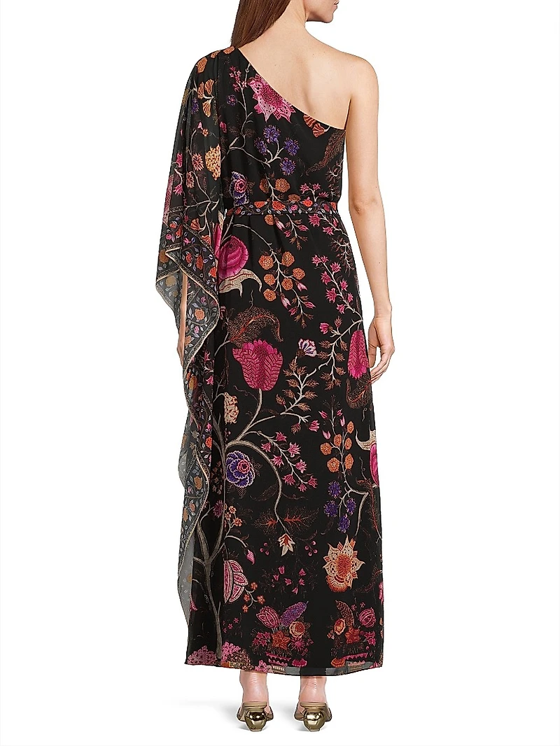 Hazel Floral Chiffon One-Shoulder Maxi Dress