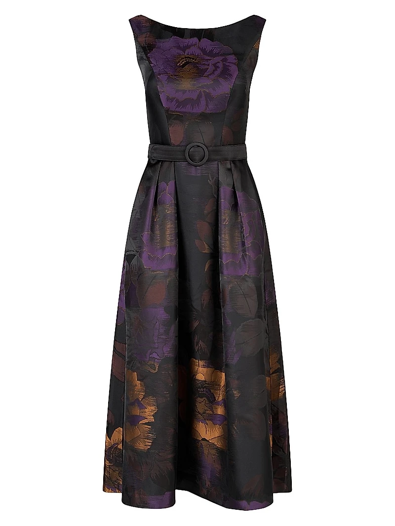 Ilsa Floral Jacquard Belted Cocktail Dress