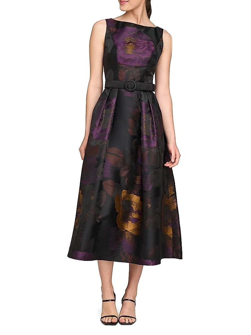 Ilsa Floral Jacquard Belted Cocktail Dress