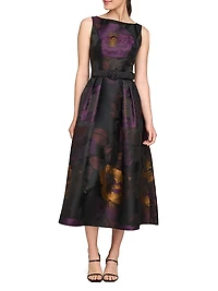 Ilsa Floral Jacquard Belted Cocktail Dress