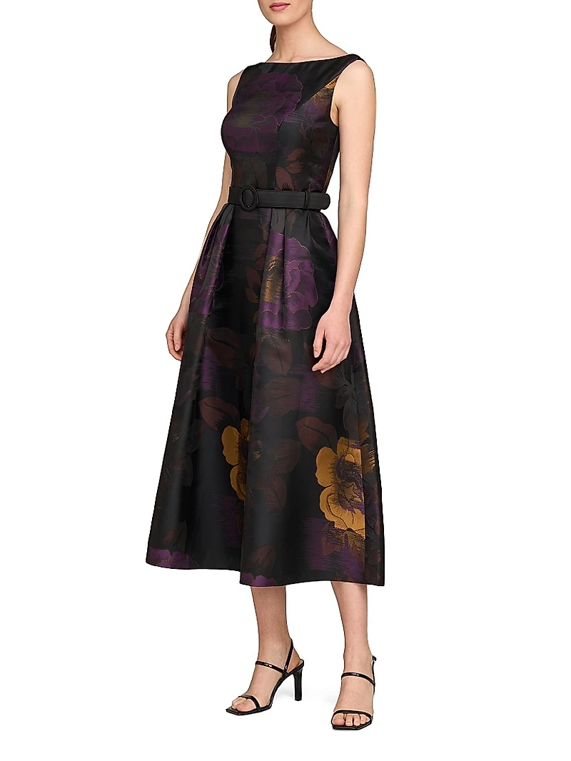 Ilsa Floral Jacquard Belted Cocktail Dress