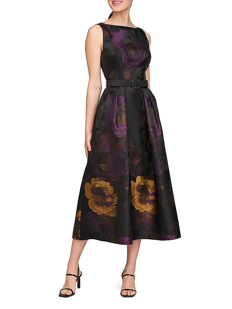 Ilsa Floral Jacquard Belted Cocktail Dress