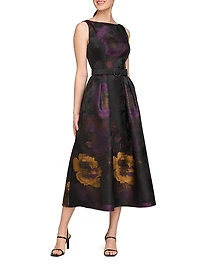 Ilsa Floral Jacquard Belted Cocktail Dress