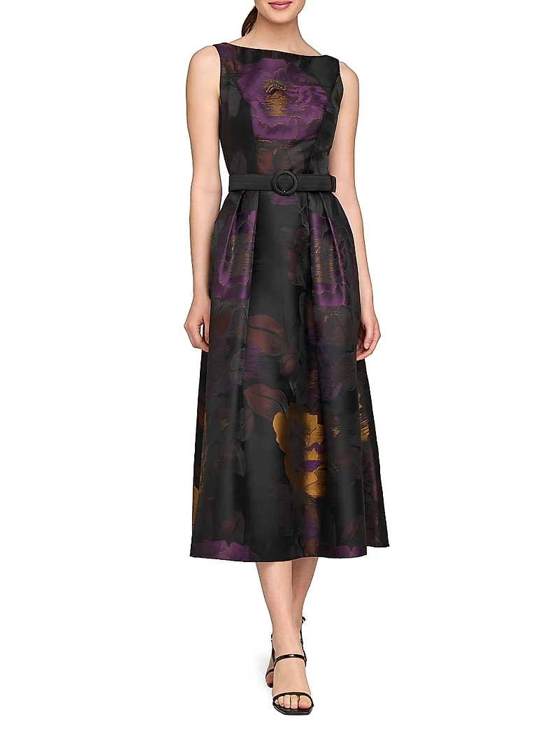 Ilsa Floral Jacquard Belted Cocktail Dress
