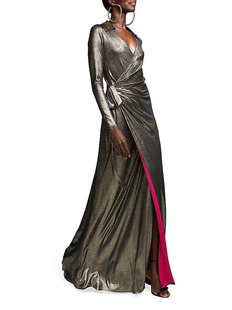 Jira Metallic Jersey Wrap Gown