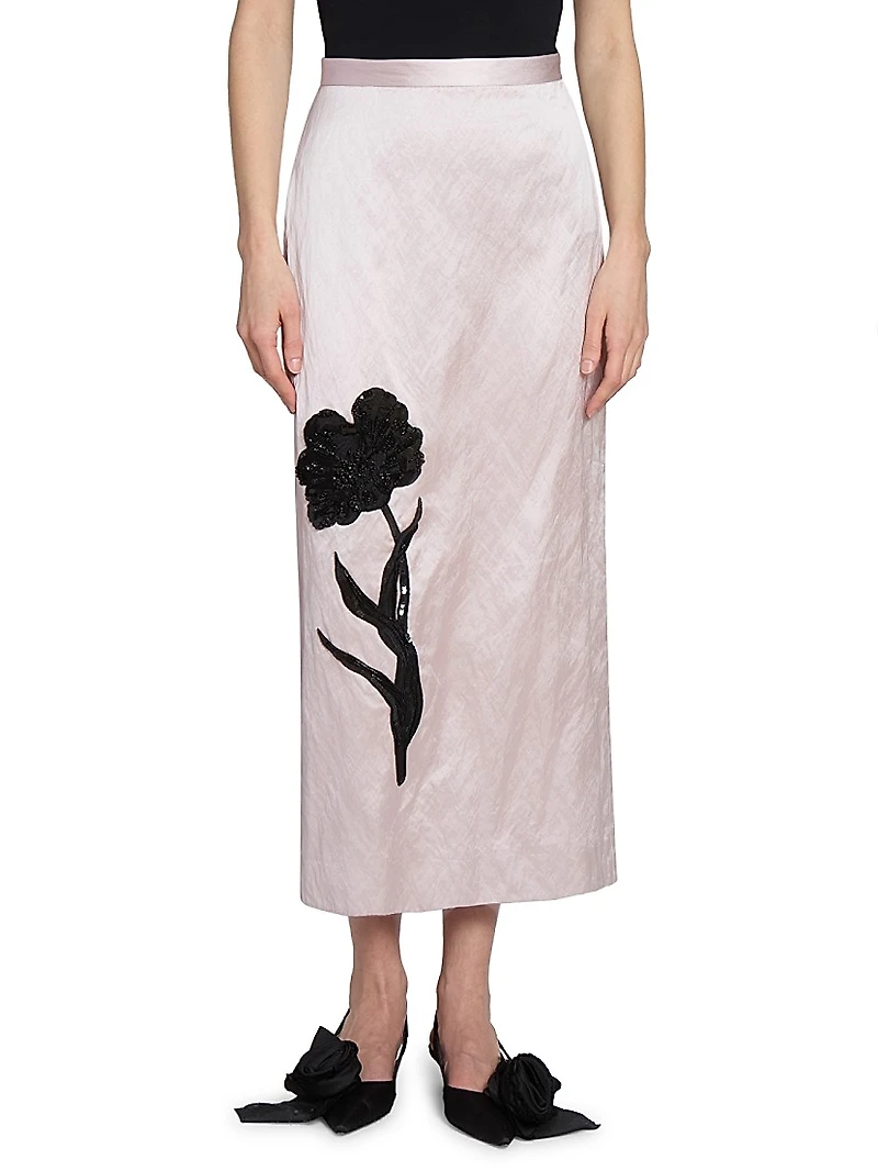 Satin Floral Midi-Skirt